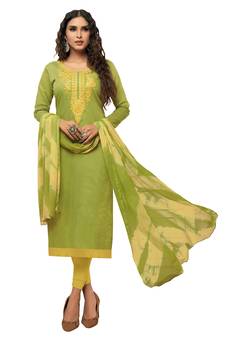 Kimisha Women's Green & Lemon Modal Silk Embroidered Dress Material With Laheria Dupatta