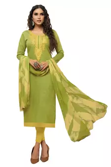 Kimisha Women's Green & Lemon Modal Silk Embroidered Dress Material With Laheria Dupatta