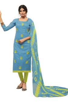 Kimisha Women's sky Blue & Light Green Modal Silk Embroidered Dress Material With Laheria Dupatta