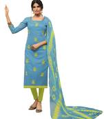 Kimisha Women's sky Blue & Light Green Modal Silk Embroidered Dress Material With Laheria Dupatta
