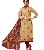 Kimisha Women's Beige & Maroon Modal Silk Embroidered Dress Material With Laheria Dupatta
