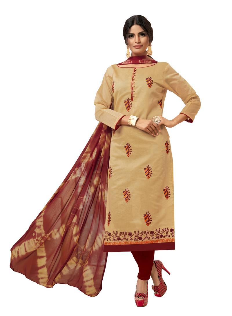 Kimisha Women's Beige & Maroon Modal Silk Embroidered Dress Material With Laheria Dupatta