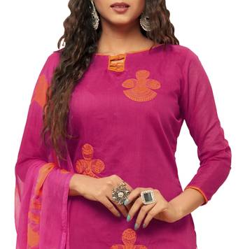 Kimisha Women's Pink & Orange Modal Silk Embroidered Dress Material With Laheria Dupatta 4