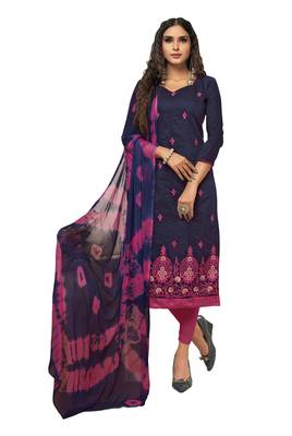 Kimisha Women's Navy Blue & Pink Modal Silk Embroidered Dress Material With Laheria Dupatta 1