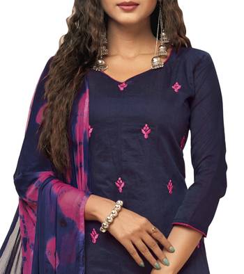 Kimisha Women's Navy Blue & Pink Modal Silk Embroidered Dress Material With Laheria Dupatta 4