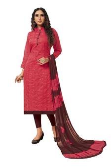 Kimisha Pink & Maroon Modal Silk Embroidered Dress Material With Laheria Dupatta
