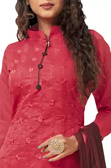 Kimisha Pink & Maroon Modal Silk Embroidered Dress Material With Laheria Dupatta