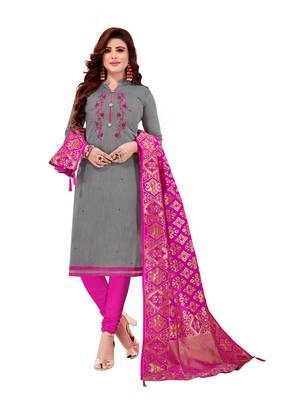 Kimisha Women's Grey Slub Cotton Hand Work Dress Material With Banarasi Dupatta 1