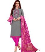 Kimisha Women's Grey Slub Cotton Hand Work Dress Material With Banarasi Dupatta