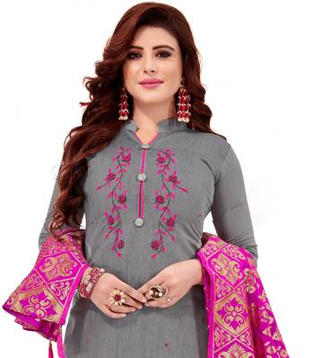 Kimisha Women's Grey Slub Cotton Hand Work Dress Material With Banarasi Dupatta 2