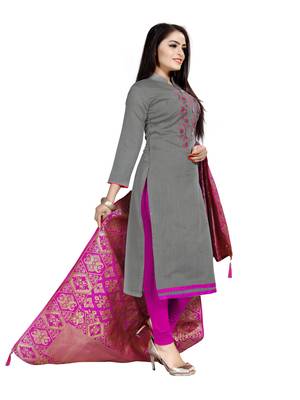 Kimisha Women's Grey Slub Cotton Hand Work Dress Material With Banarasi Dupatta 4