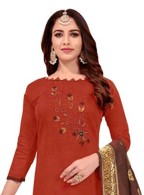 Kimisha Women's Rust Orange Slub Cotton Hand Work Dress Material With Banarasi Dupatta 2