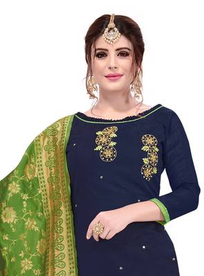 KImisha Women's Navy Blue Slub Cotton Hand Work Dress Material With Banarasi Dupatta 2