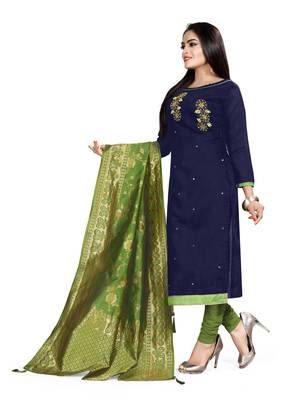 KImisha Women's Navy Blue Slub Cotton Hand Work Dress Material With Banarasi Dupatta 4