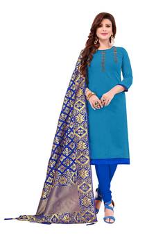 Kimisha Women's Sky Blue Slub Cotton Hand Work Dress Material With Banarasi Dupatta