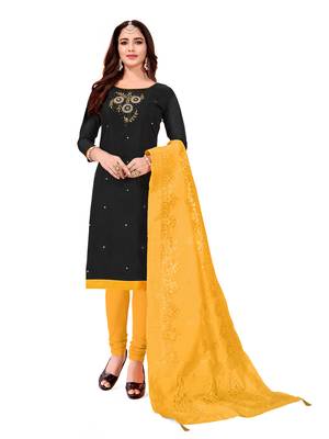 Kimisha Women's Black Slub Cotton Hand Work Dress Material With Banarasi Dupatta 1