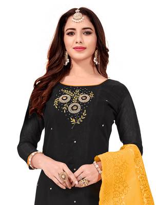 Kimisha Women's Black Slub Cotton Hand Work Dress Material With Banarasi Dupatta 2