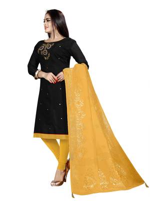 Kimisha Women's Black Slub Cotton Hand Work Dress Material With Banarasi Dupatta 4