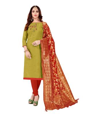 Kimisha Women's Mehndi Green Slub Cotton Hand Work Dress Material With Banarasi Dupatta 1