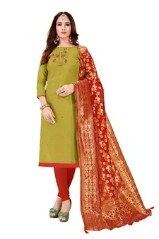 Kimisha Women's Mehndi Green Slub Cotton Hand Work Dress Material With Banarasi Dupatta