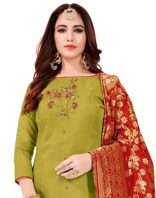 Kimisha Women's Mehndi Green Slub Cotton Hand Work Dress Material With Banarasi Dupatta 2
