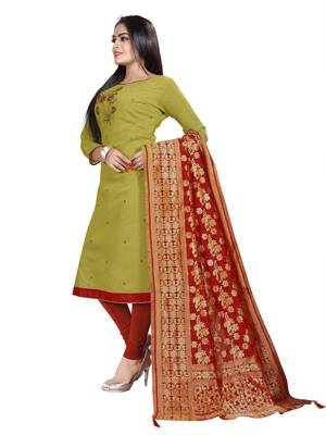 Kimisha Women's Mehndi Green Slub Cotton Hand Work Dress Material With Banarasi Dupatta 4