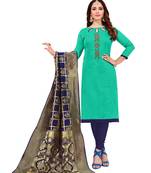 Kimisha Women,s Turquoise Slub Cotton Hand Work Dress Material With Banarasi Dupatta