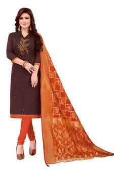 Women'S Maroon Slub Cotton Hand Work Dress Material With Banarasi Dupatta