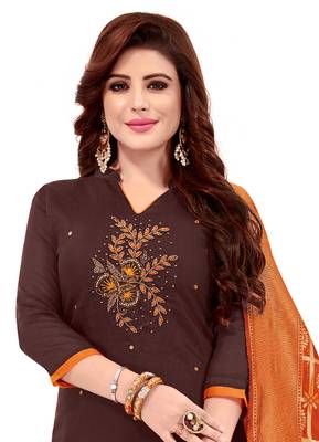 Women'S Maroon Slub Cotton Hand Work Dress Material With Banarasi Dupatta 2