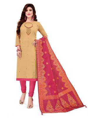 Kimisha Women's Beige Slub Cotton Hand Work Dress Material With Banarasi Dupatta 1