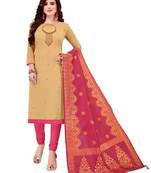 Kimisha Women's Beige Slub Cotton Hand Work Dress Material With Banarasi Dupatta