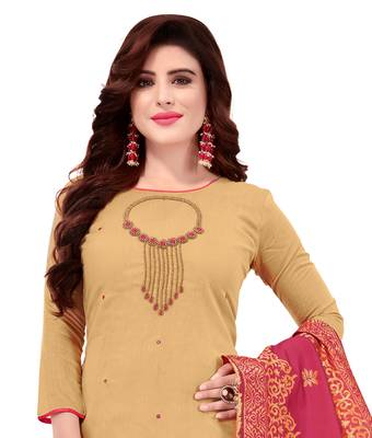 Kimisha Women's Beige Slub Cotton Hand Work Dress Material With Banarasi Dupatta 2