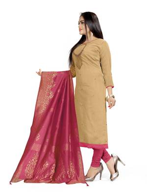 Kimisha Women's Beige Slub Cotton Hand Work Dress Material With Banarasi Dupatta 4