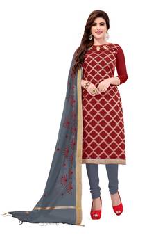 Kimisha Women's Red & Grey Banarasi Jacquard Dress Material With Thread Work Modal Silk Dupatta