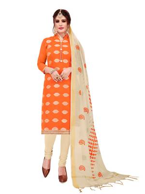 Kimisha Women's Orange & Beige Banarasi Jacquard Dress Material With Thread Work Modal Silk Dupatta 1