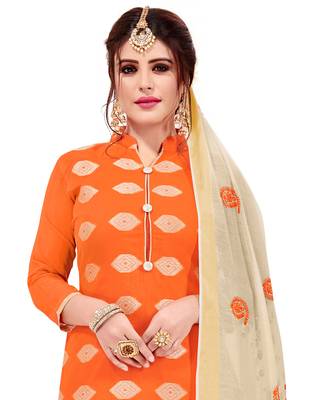 Kimisha Women's Orange & Beige Banarasi Jacquard Dress Material With Thread Work Modal Silk Dupatta 2