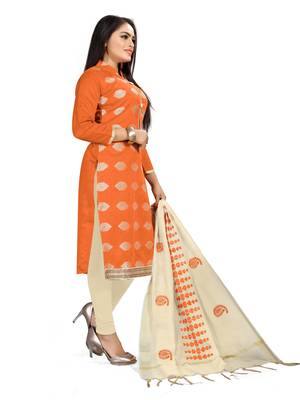 Kimisha Women's Orange & Beige Banarasi Jacquard Dress Material With Thread Work Modal Silk Dupatta 4