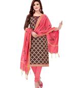 Kimisha Women's Brown & Light Pink Banarasi Jacquard Dress Material With Thread Work Modal Silk Dupatta