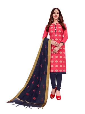 Kimisha Women's Pink & Navy Blue Banarasi Jacquard Dress Material With Thread Work Modal Silk Dupatta 1