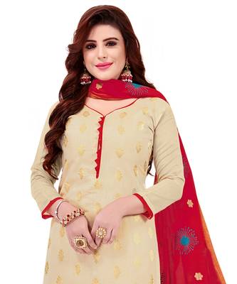 Kimisha Women's Beige & Red Banarasi Jacquard Dress Material With Thread Work Modal Silk Dupatta 2