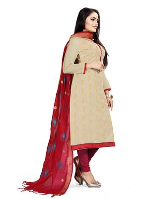 Kimisha Women's Beige & Red Banarasi Jacquard Dress Material With Thread Work Modal Silk Dupatta 4
