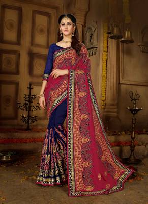 Magenta embroidered silk saree with blouse 1