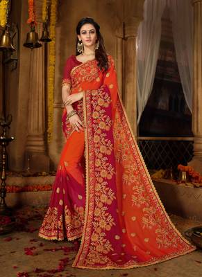 Orange embroidered georgette saree with blouse 1