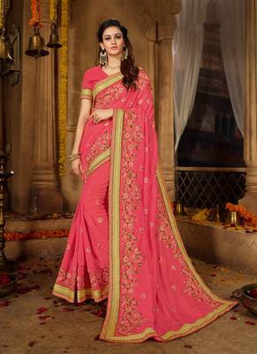 Pink embroidered silk saree with blouse 1
