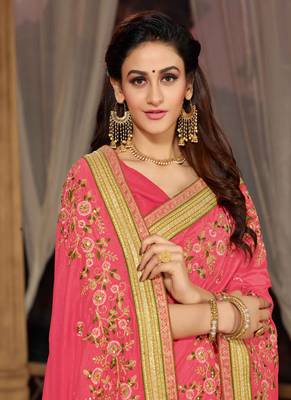 Pink embroidered silk saree with blouse 2