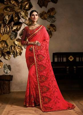 Pink embroidered silk saree with blouse 1