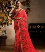 Pink embroidered silk saree with blouse