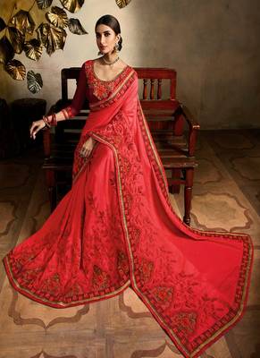 Pink embroidered silk saree with blouse 2