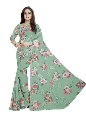 Dark Grayish Cyan - Lime Green Color Digital Printed Georgette Saree With Blouse 1