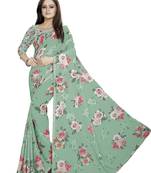 Dark Grayish Cyan - Lime Green Color Digital Printed Georgette Saree With Blouse